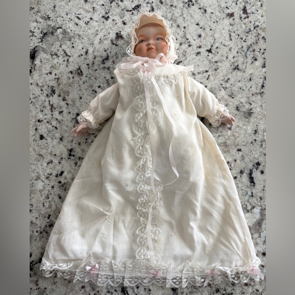 Vintage Porcelain Baby Doll in Cream and Pink Christening Gown